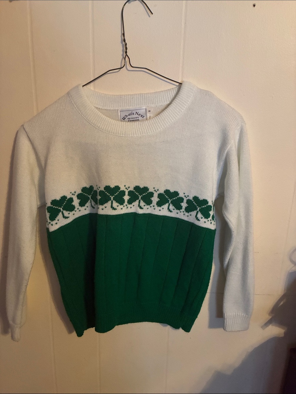What’s Next Kids White and Green Clover Knit Sweater